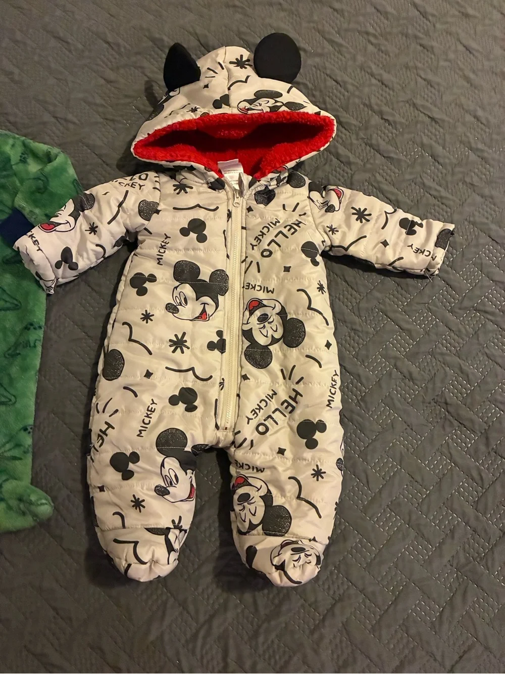 Disney White Mickey Print One-Piece Footed Snowsuit with Red Lining 0-3 months